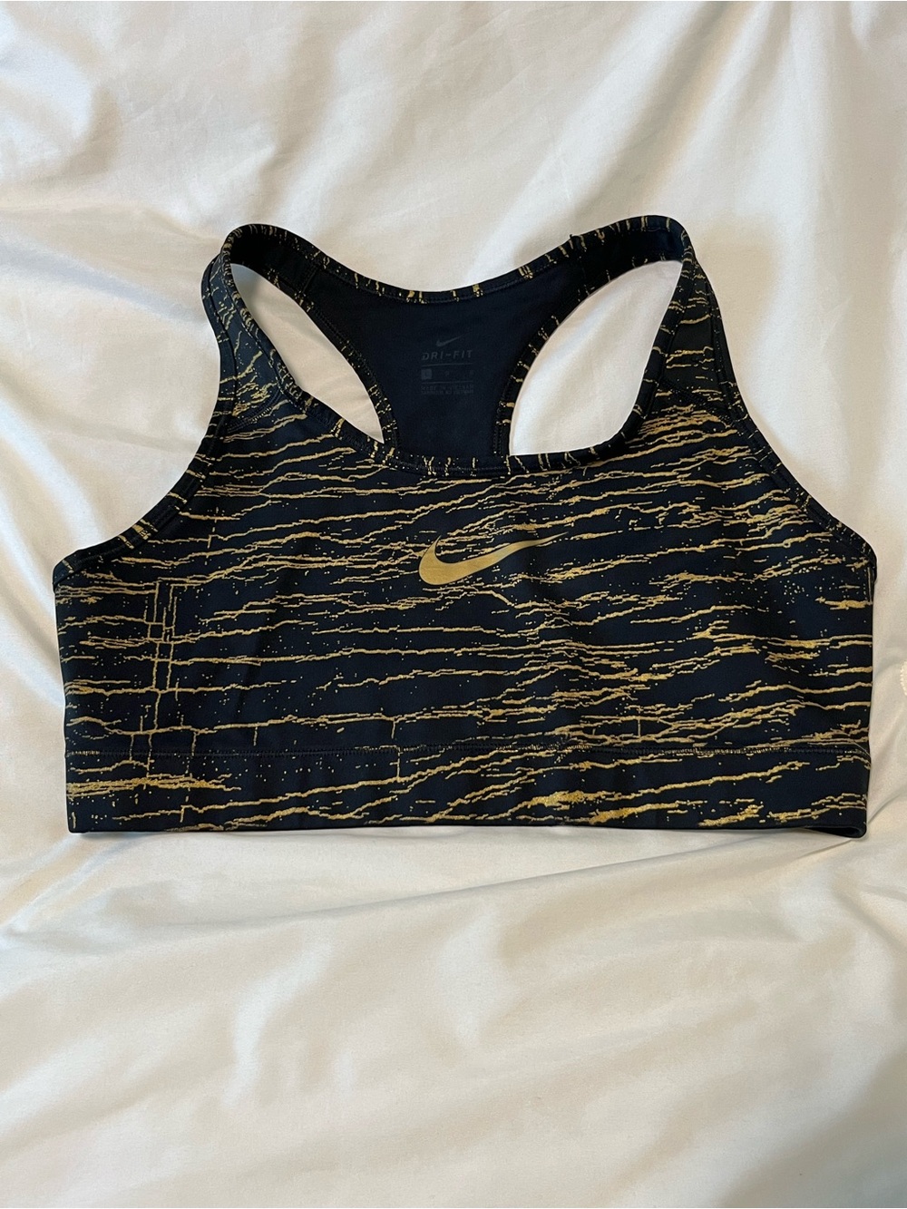 Nike Black Racerback Sports Bra with Metallic Gold Wave Print Size Large